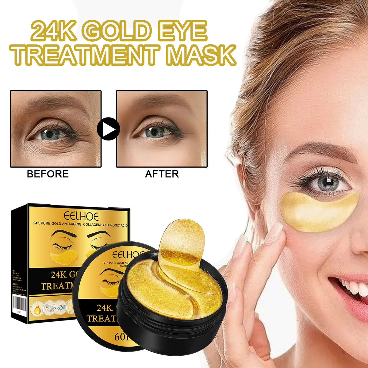 24K Gold under Eye Patches 60 Pcs Eye Mask Pure Gold Anti-Aging Collagen Hyaluronic Acid under Eye Mask