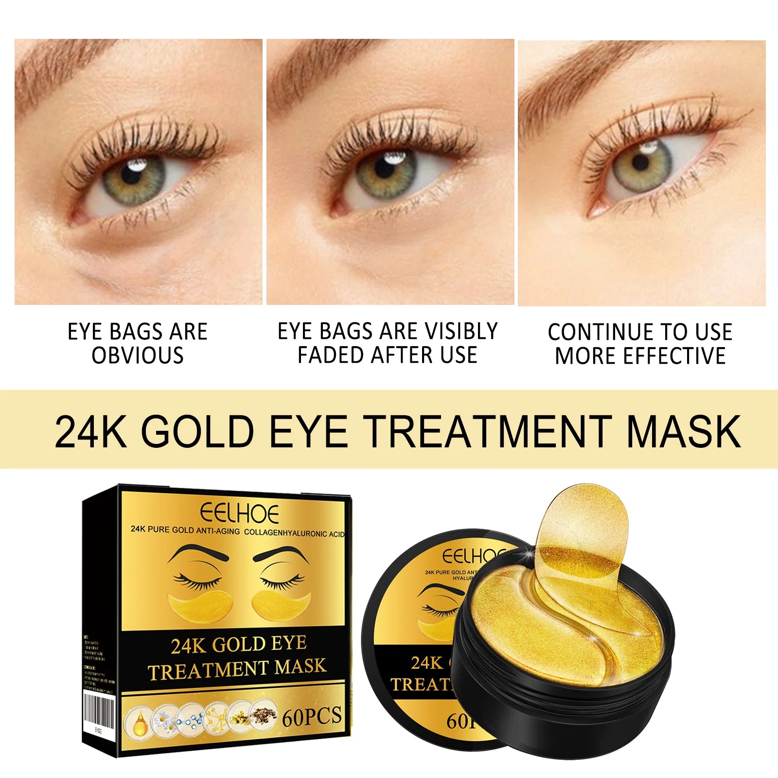 24K Gold under Eye Patches 60 Pcs Eye Mask Pure Gold Anti-Aging Collagen Hyaluronic Acid under Eye Mask