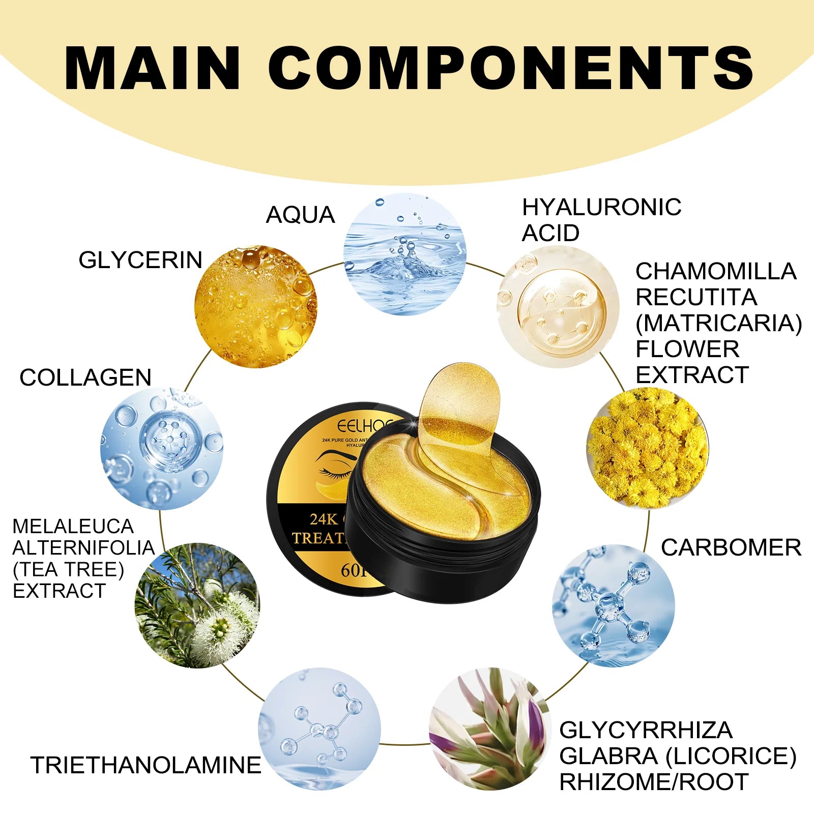 24K Gold under Eye Patches 60 Pcs Eye Mask Pure Gold Anti-Aging Collagen Hyaluronic Acid under Eye Mask