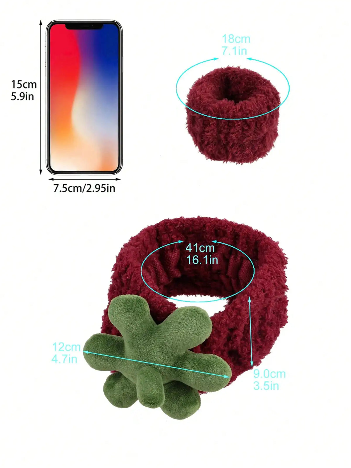 3Pcs Red Strawberry Headbands and Wristbands Set Cute Padded Soft Terry Cloth Hair Accessories for Women Girls Skincare Hairband