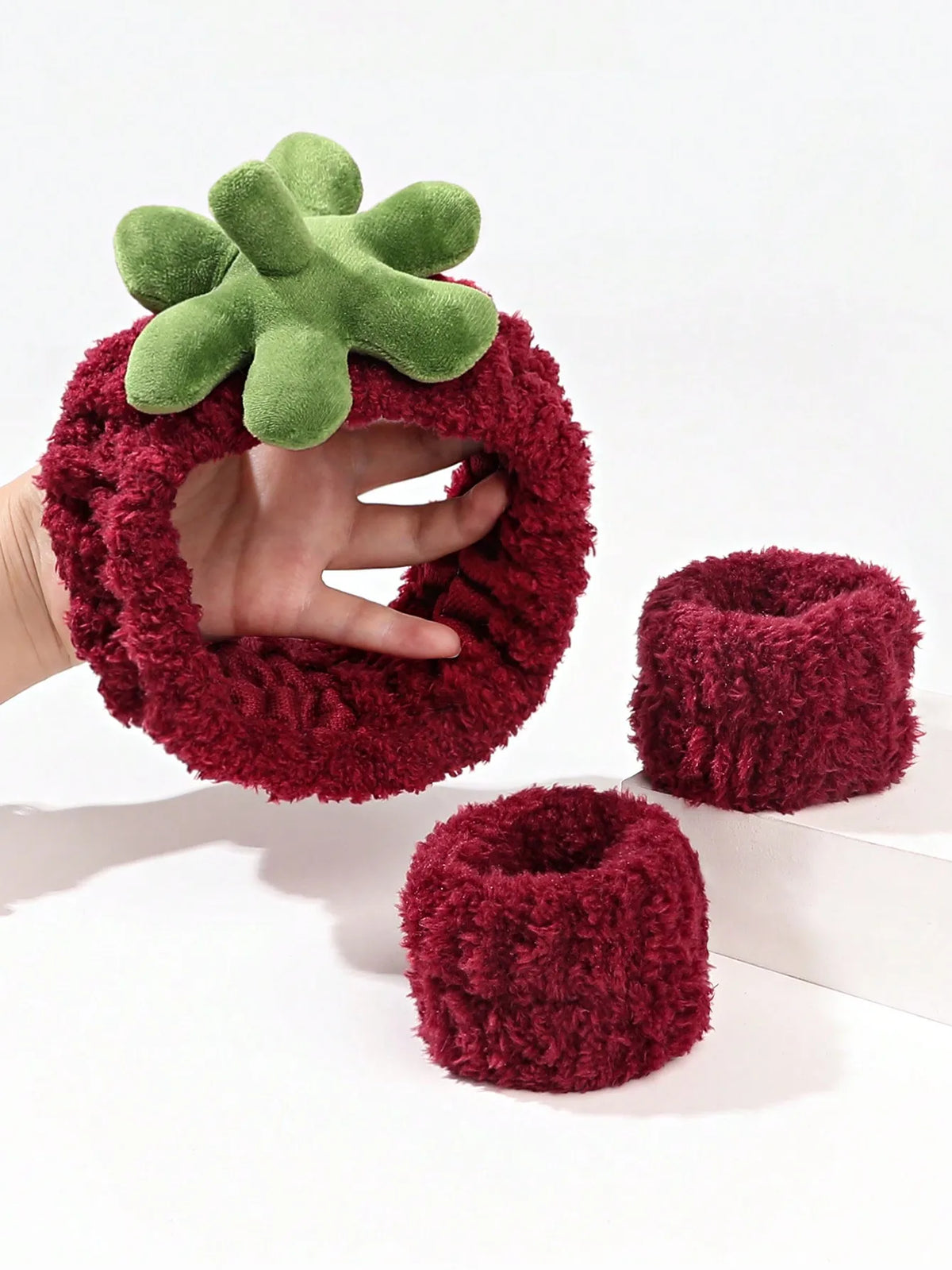 3Pcs Red Strawberry Headbands and Wristbands Set Cute Padded Soft Terry Cloth Hair Accessories for Women Girls Skincare Hairband